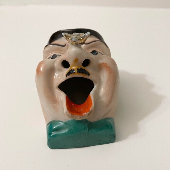 Vintage Man with Open Mouth Fly on Nose Ceramic Ashtray Flaws - Picture 2 of 16